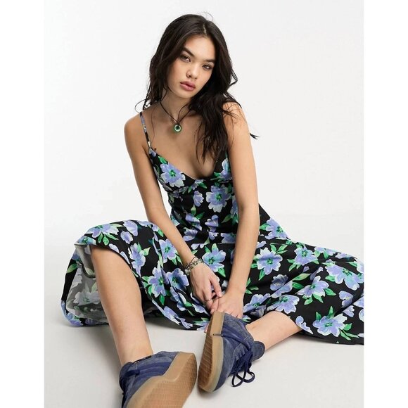 Free People Womens Finer Things Printed Midi Dress Strappy Back Floral Medium - Picture 2 of 9